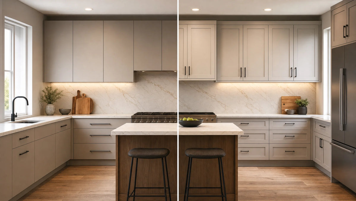 Slab and Shaker Kitchen Cabinets: Design, Cost, and Care Compared