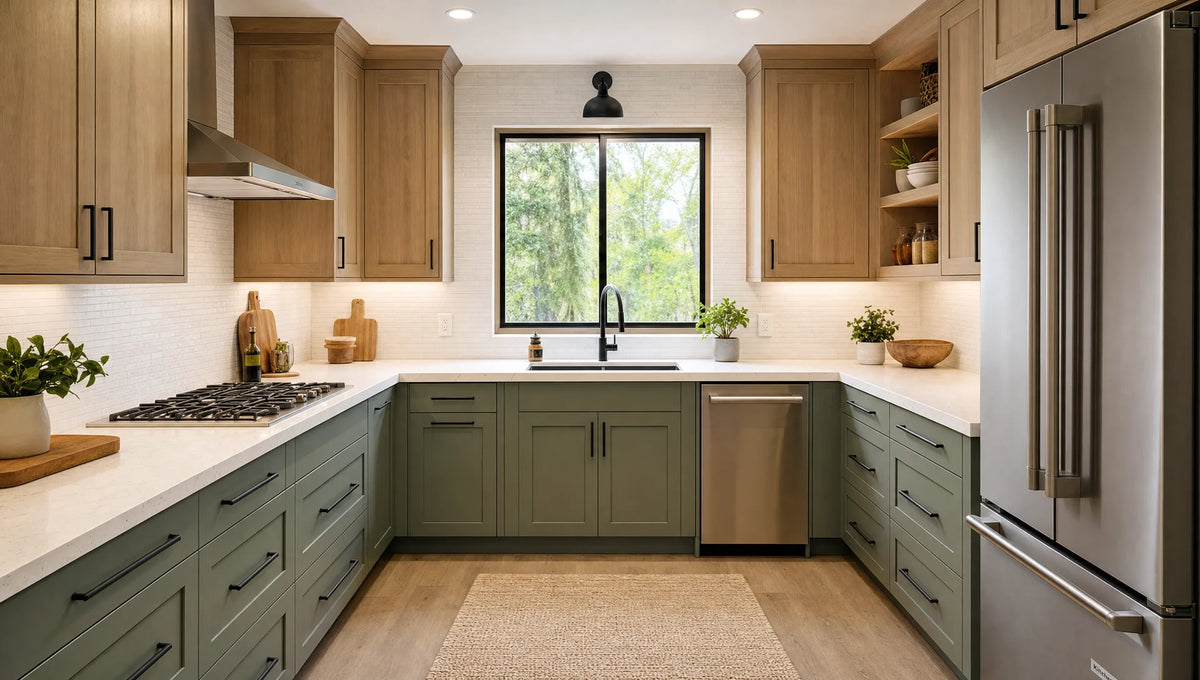 U-shaped kitchen cabinet layout for efficient work zones