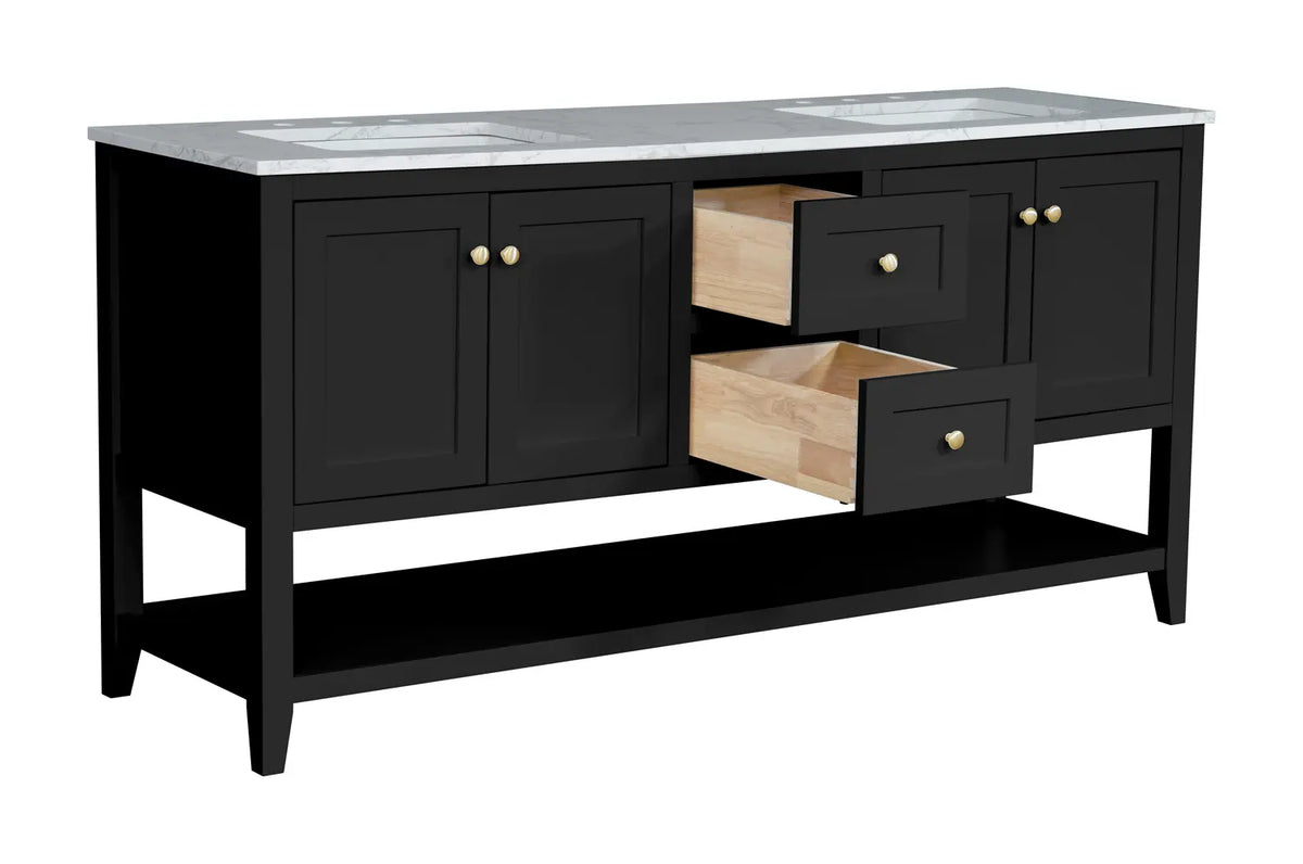 72" Black Double Freestanding Vanity With Carrara White Quartz Top V10972MN - Craft Cabinetry