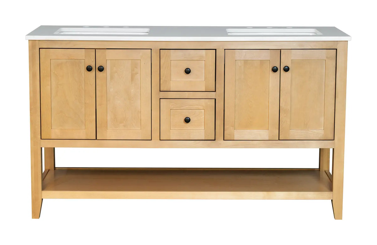 72" Natural Stained Double Freestanding Vanity With Arabescato White Quartz Top V10972NT - Craft Cabinetry