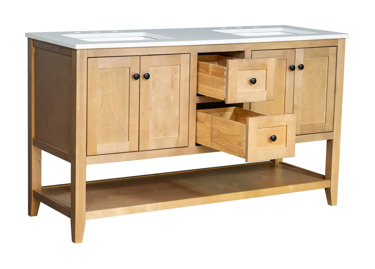 72" Natural Stained Double Freestanding Vanity With Arabescato White Quartz Top V10972NT - Craft Cabinetry