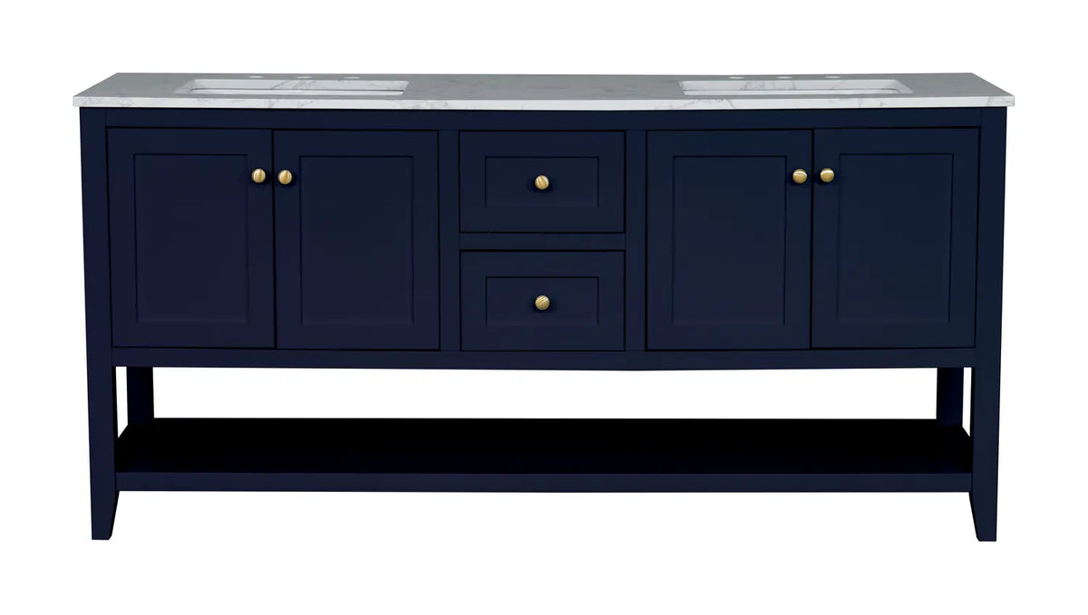 72" Navy Double Freestanding Vanity With Carrara White Quartz Top V10972NV - Craft Cabinetry