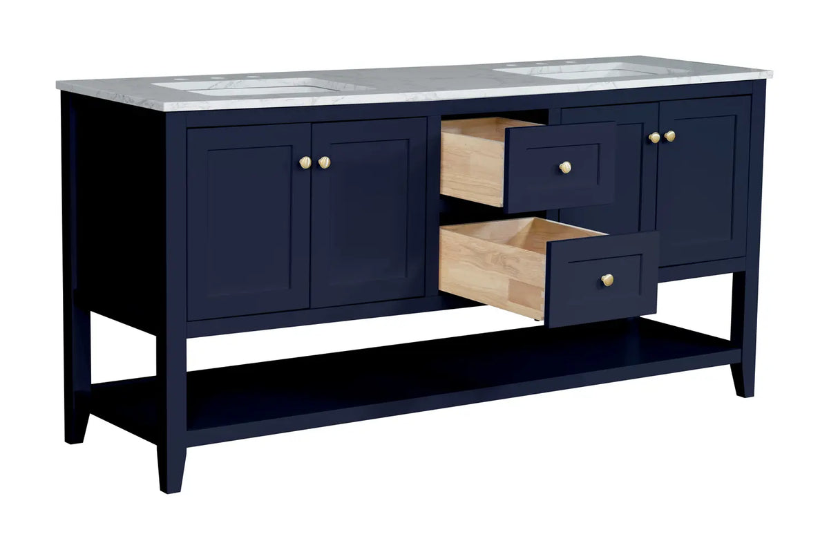 72" Navy Double Freestanding Vanity With Carrara White Quartz Top V10972NV - Craft Cabinetry