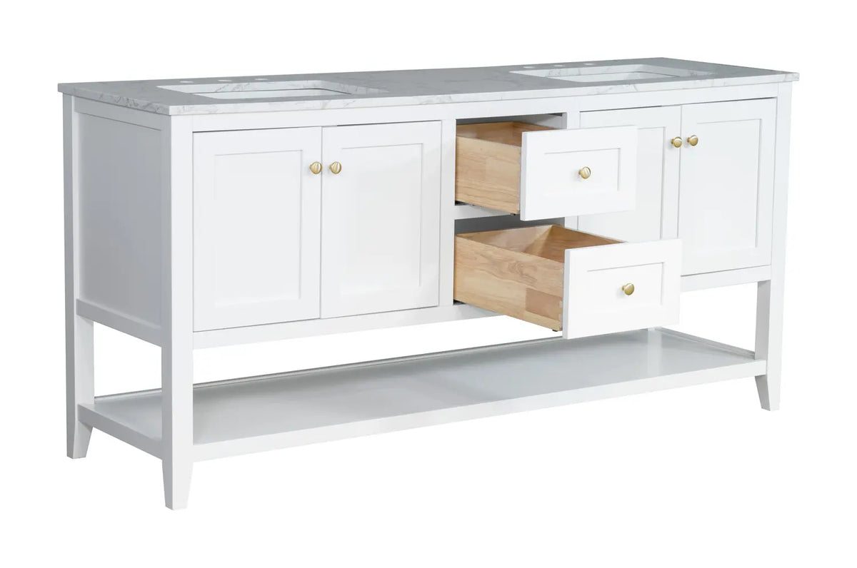 72" White Double Freestanding Vanity With Calacatta White Quartz Top V10972PW - Craft Cabinetry