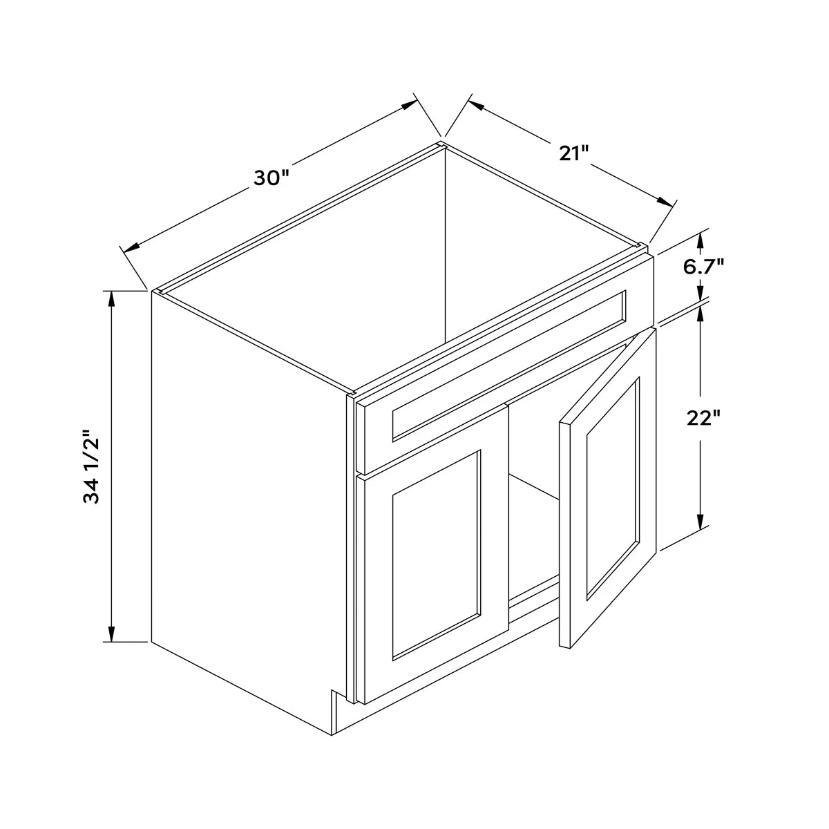 30”W Vanity Base Cabinet - Gray Shaker - Craft Cabinetry Image Specifications