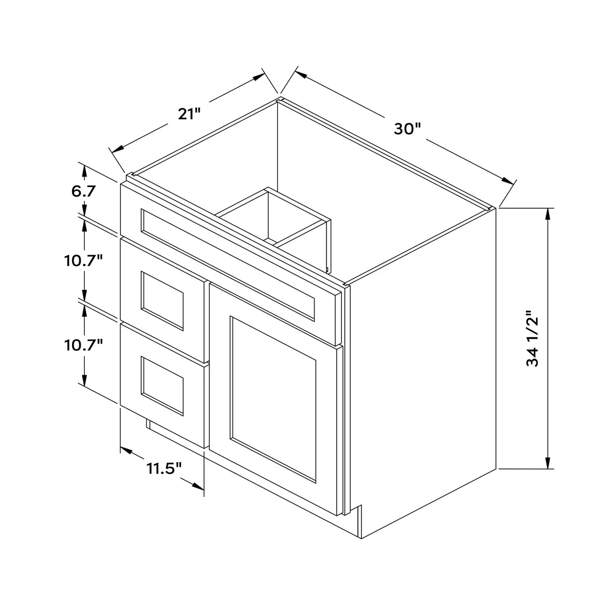 30”W Left Drawers Right Door Vanity Cabinet - Black Shaker - Craft Cabinetry Image Specifications