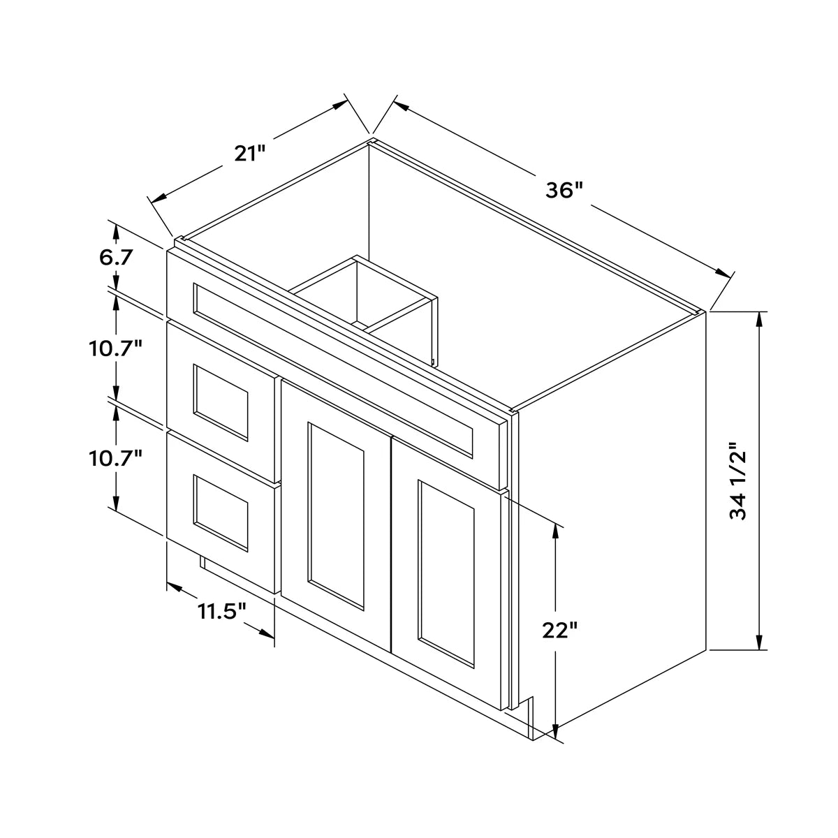 36”W Left Drawers Right Door Vanity Cabinet - White Shaker - Craft Cabinetry Image Specifications