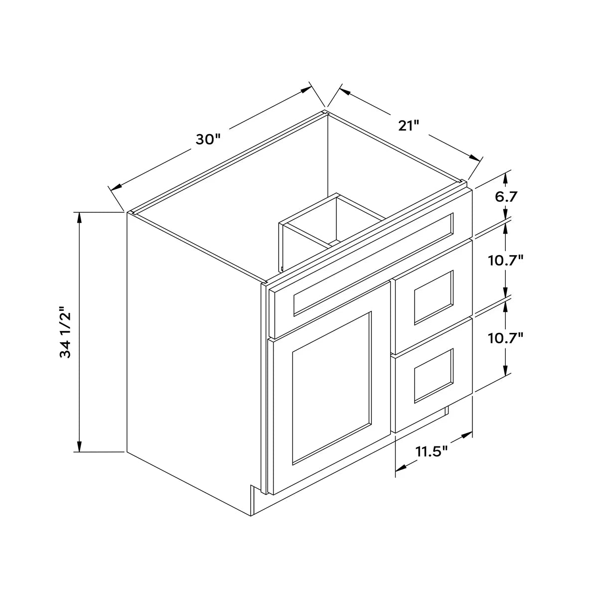 30”W Right Drawers Left Door Vanity Cabinet - White Recessed - Craft Cabinetry Image Specifications