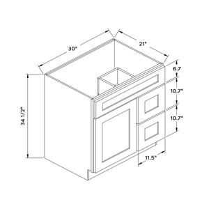 30”W Right Drawers Left Door Vanity Cabinet - White Recessed - Craft Cabinetry Image Specifications