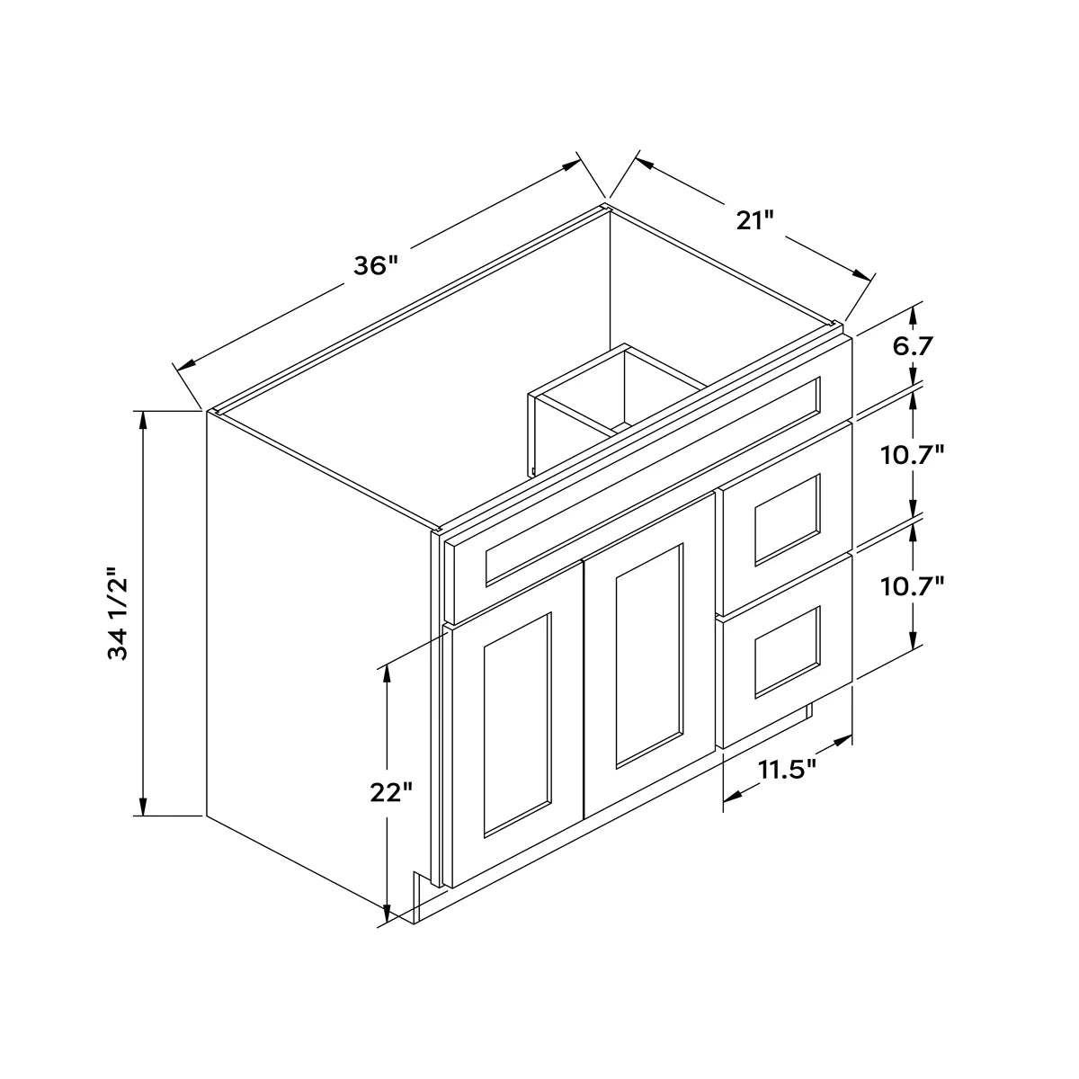 36”W Right Drawers Left Door Vanity Cabinet - Black Shaker - Craft Cabinetry Image Specifications